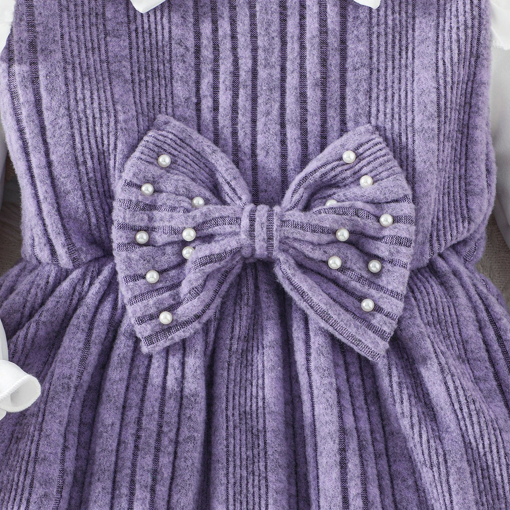 Girls Purple Self-Design Striped Long Sleeves Fit & Flare Dress With Bow Casual Dresses