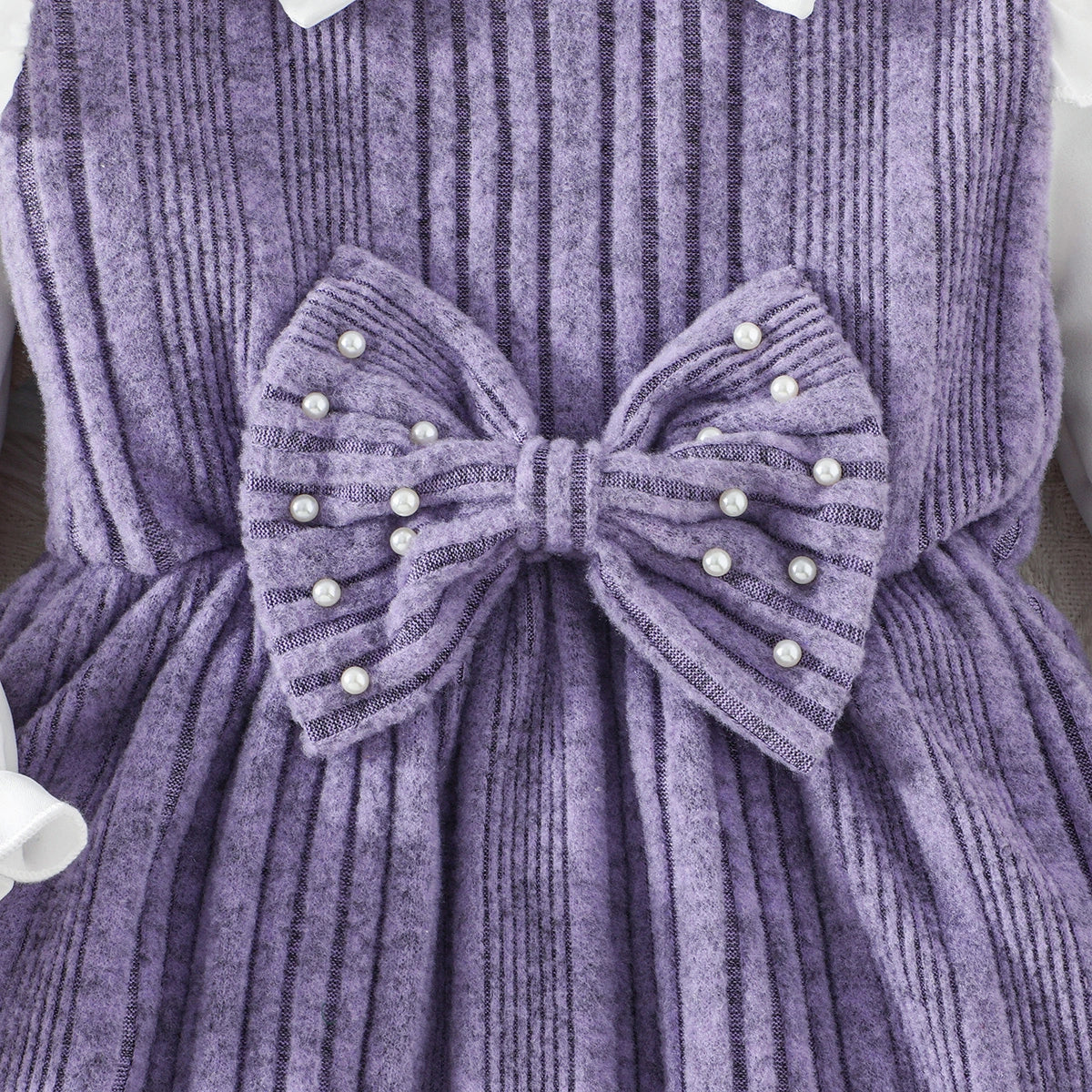 Girls Purple Self-Design Striped Long Sleeves Fit & Flare Dress With Bow Casual Dresses