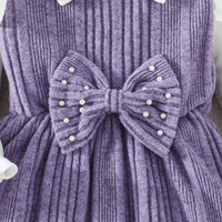 Girls Purple Self-Design Striped Long Sleeves Fit & Flare Dress With Bow Casual Dresses