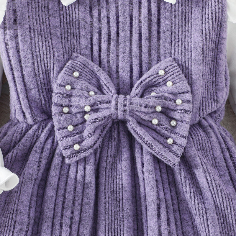 Girls Purple Self-Design Striped Long Sleeves Fit & Flare Dress With Bow Casual Dresses