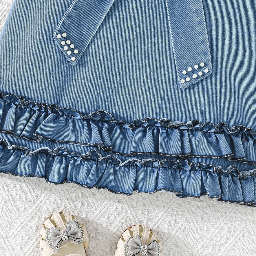 Girls Blue Bow Applique A-line Denim Dress Casual Dresses