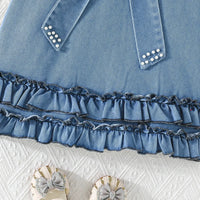 Girls Blue Bow Applique A-line Denim Dress Casual Dresses