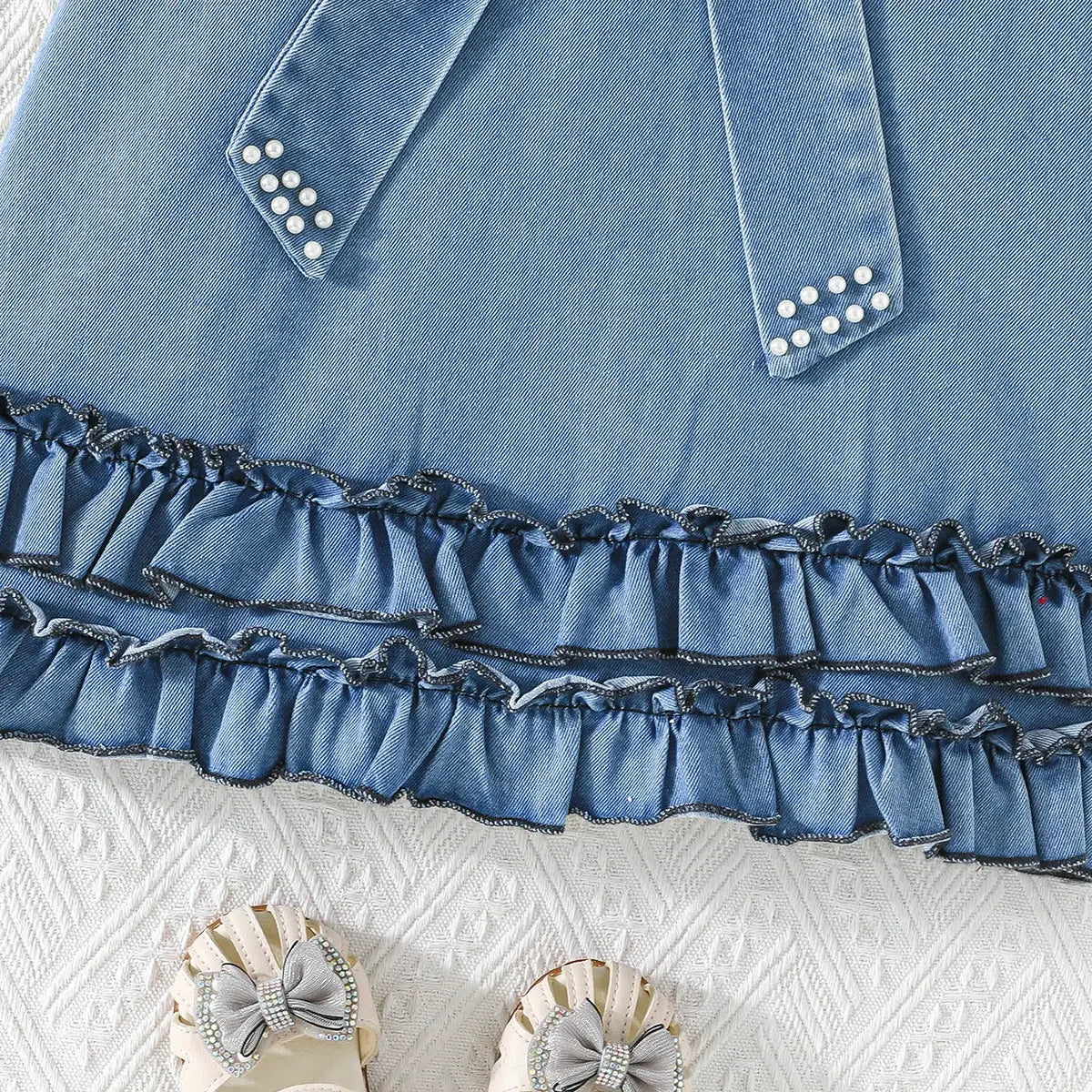 Girls Blue Bow Applique A-line Denim Dress Casual Dresses