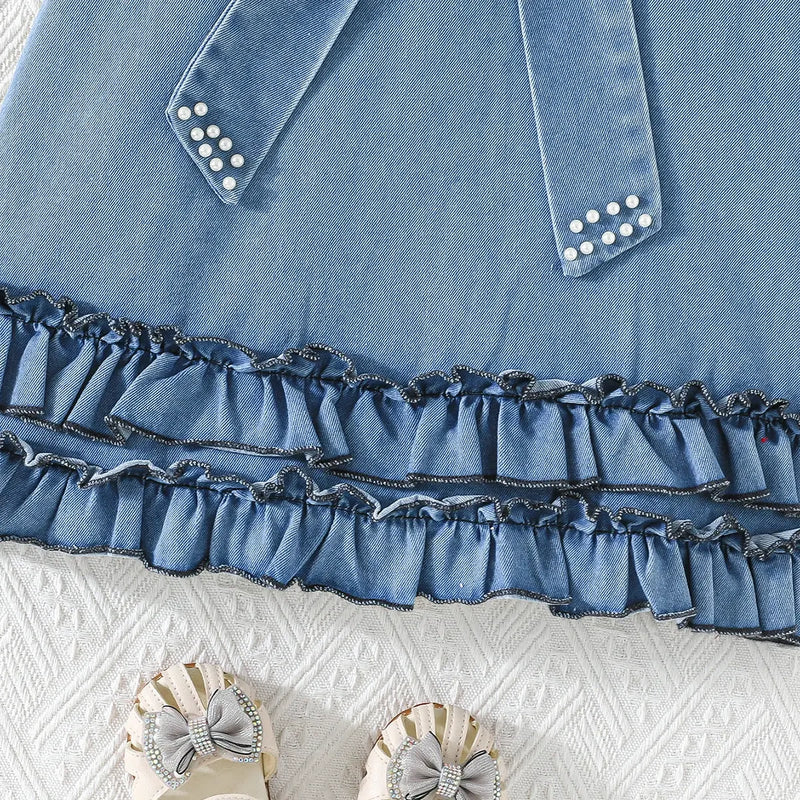 Girls Blue Bow Applique A-line Denim Dress Casual Dresses