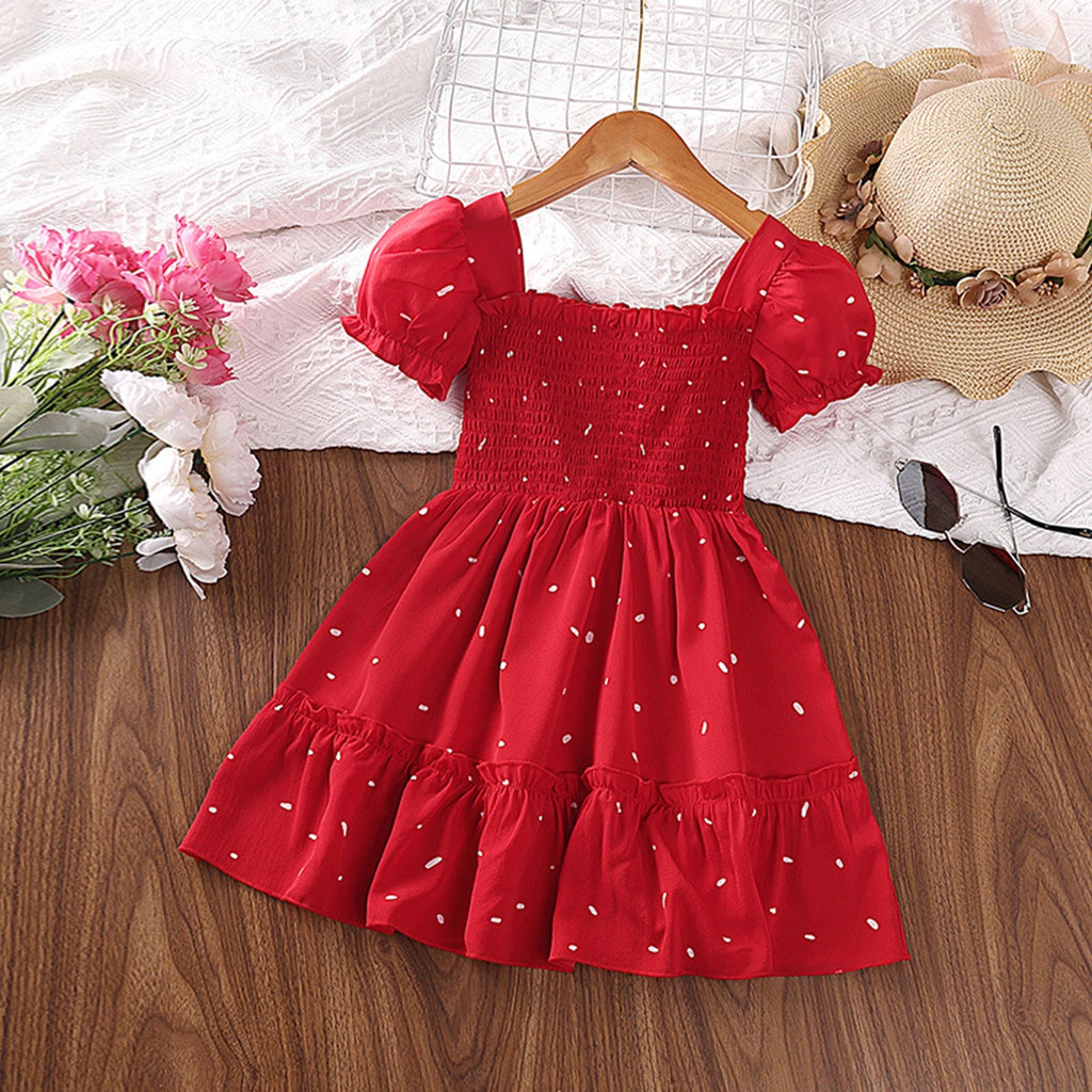 Girls Red Polka Dot Print Smocked Puff Sleeve Fit & Flare Dress Casual Dresses