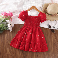 Girls Red Polka Dot Print Smocked Puff Sleeve Fit & Flare Dress Casual Dresses
