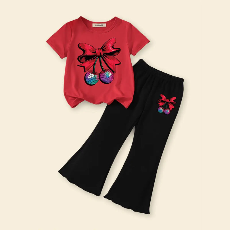 Girls Red Bow & Cherry Printed T-Shirt With Flared Pants Sets Sets