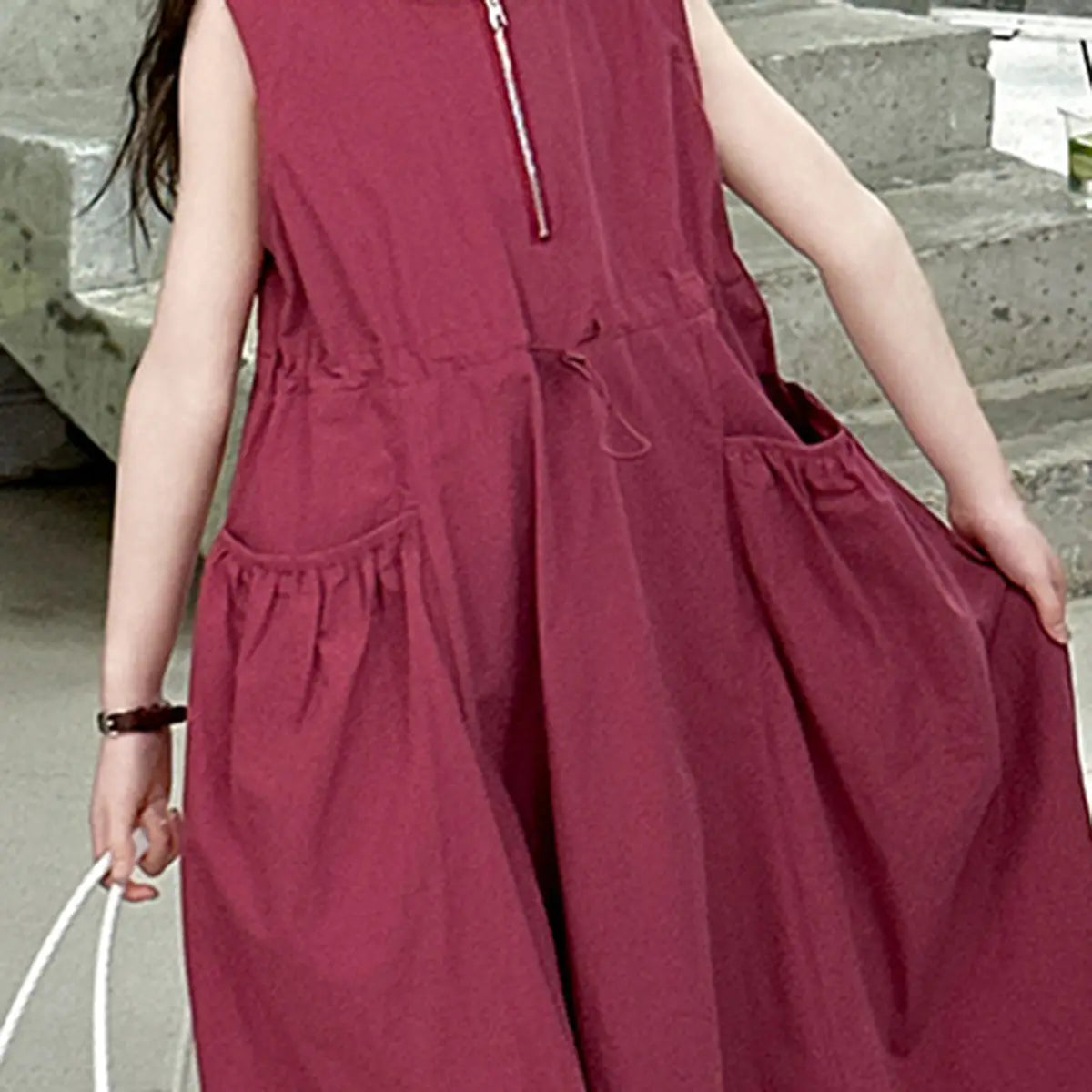 Girls Maroon Zip Front A-line Midi Dress Casual Dresses