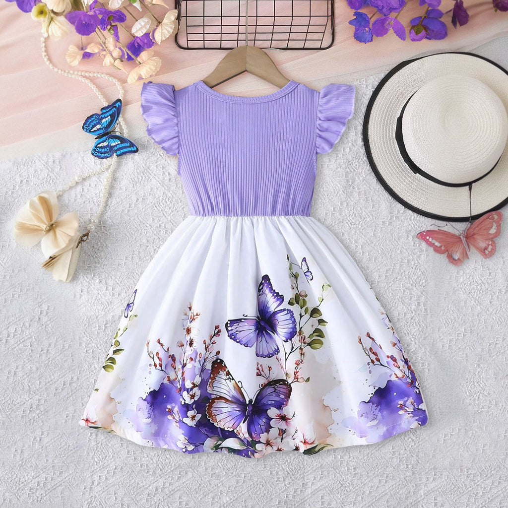 Girls Purple Butterfly Printed Flutter Sleeves Fit And Flared Casual Dress Casual Dresses