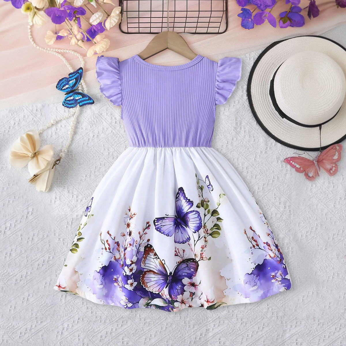Girls Purple Butterfly Printed Flutter Sleeves Fit And Flared Casual Dress Casual Dresses