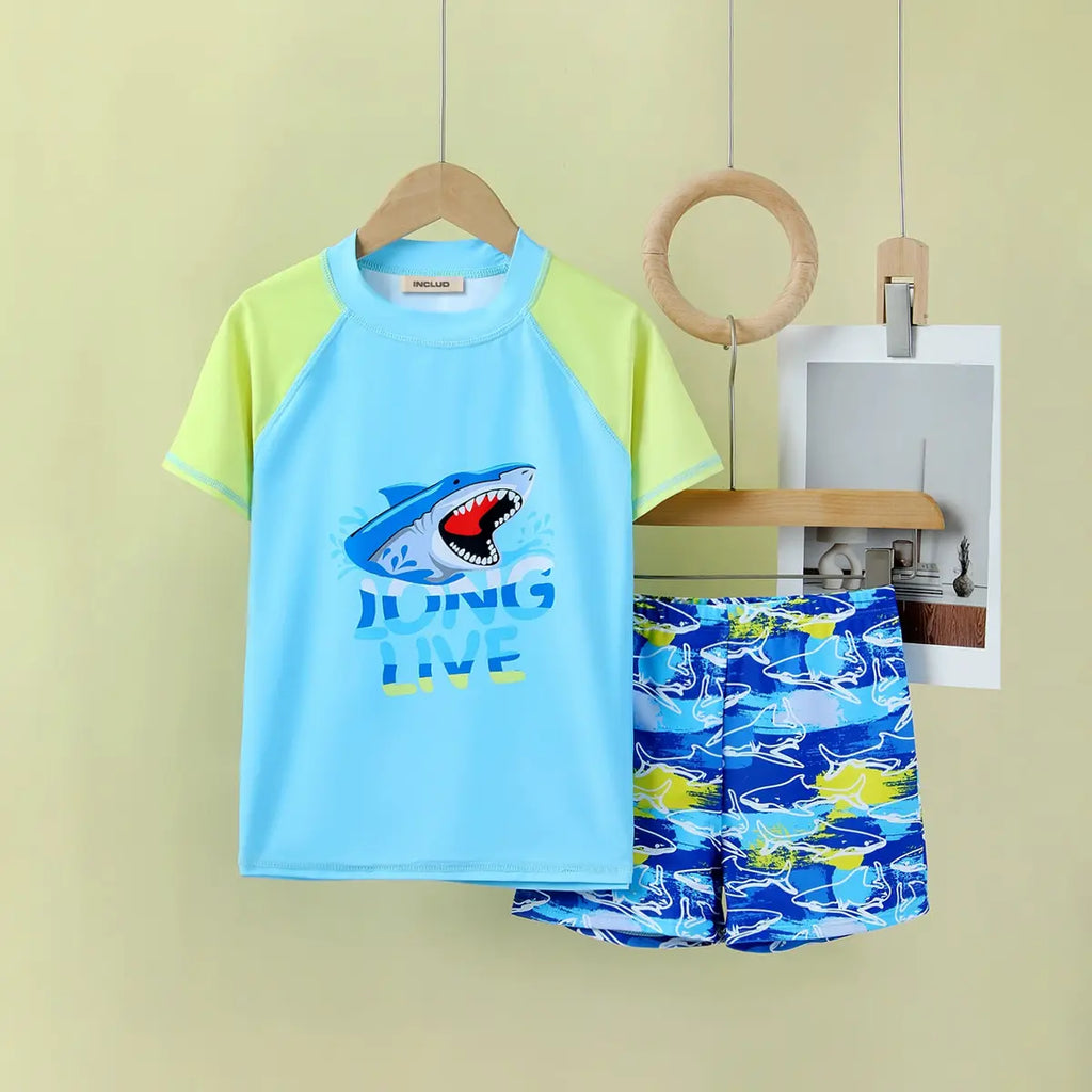 Boys Light Blue Shark Printed Short Sleeves T-Shirt & Shorts Swimsuit Sets Sets Light Blue 7-8 Y