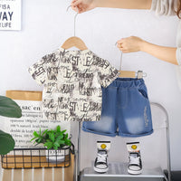Boys Off White Typographic Print T-Shirt With Denim Shorts Set Sets