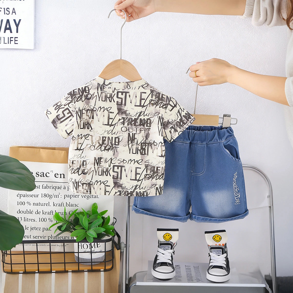 Boys Off White Typographic Print T-Shirt With Denim Shorts Set Sets