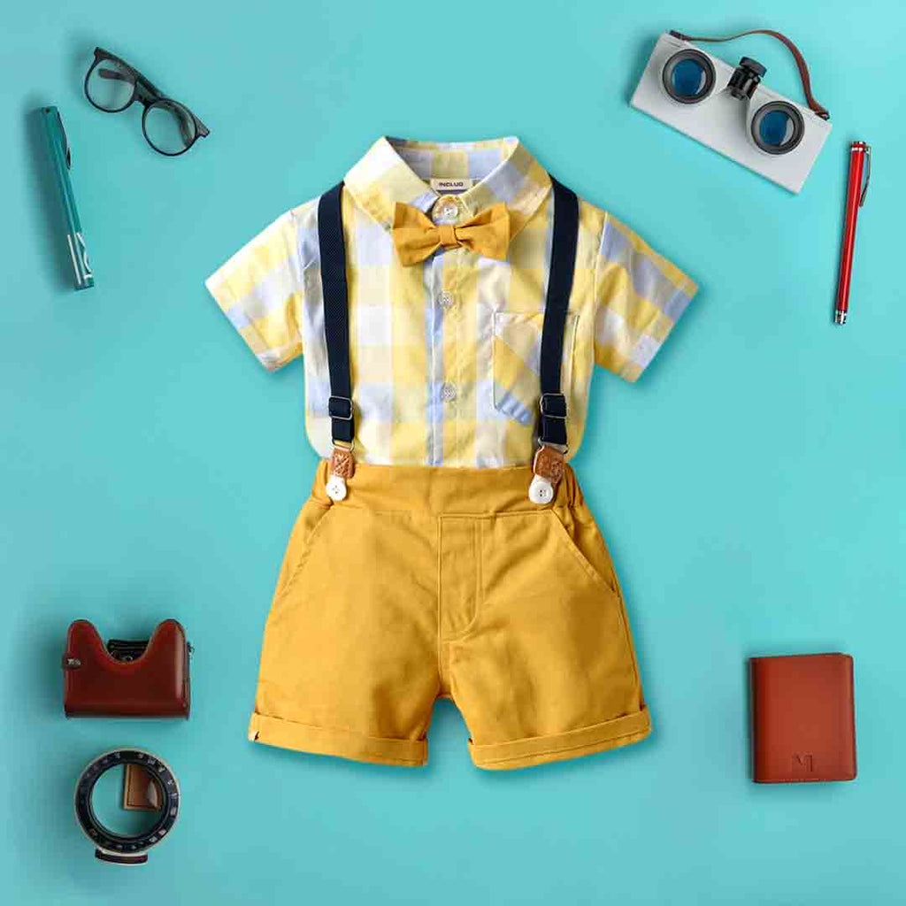 Boys Checkered Shirt With Bow & Suspender Shorts Set