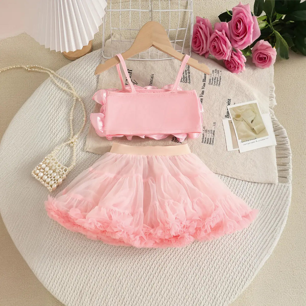 Girls Pink 3D Floral Ruffle Top With Tiered Tulle Tutu Skirt Sets Sets