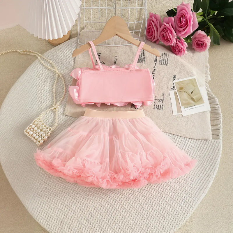 Girls Pink 3D Floral Ruffle Top With Tiered Tulle Tutu Skirt Sets Sets