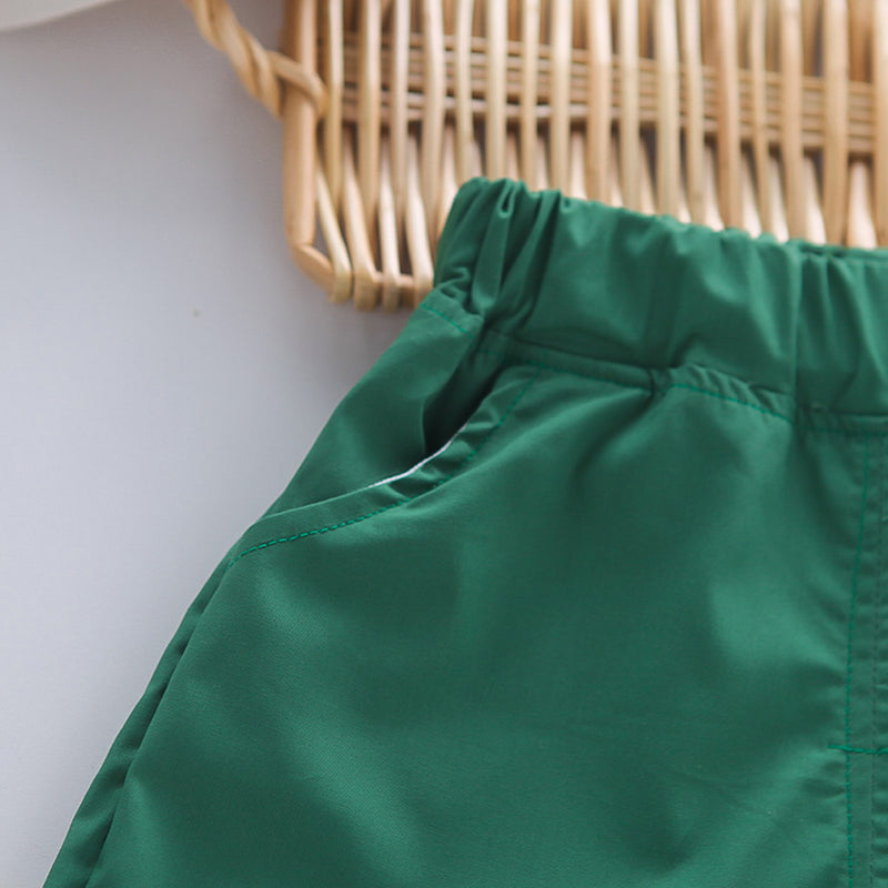 Boys Bag-pack Appliqued T-Shirt With Green Shorts Set 2 pc. Sets