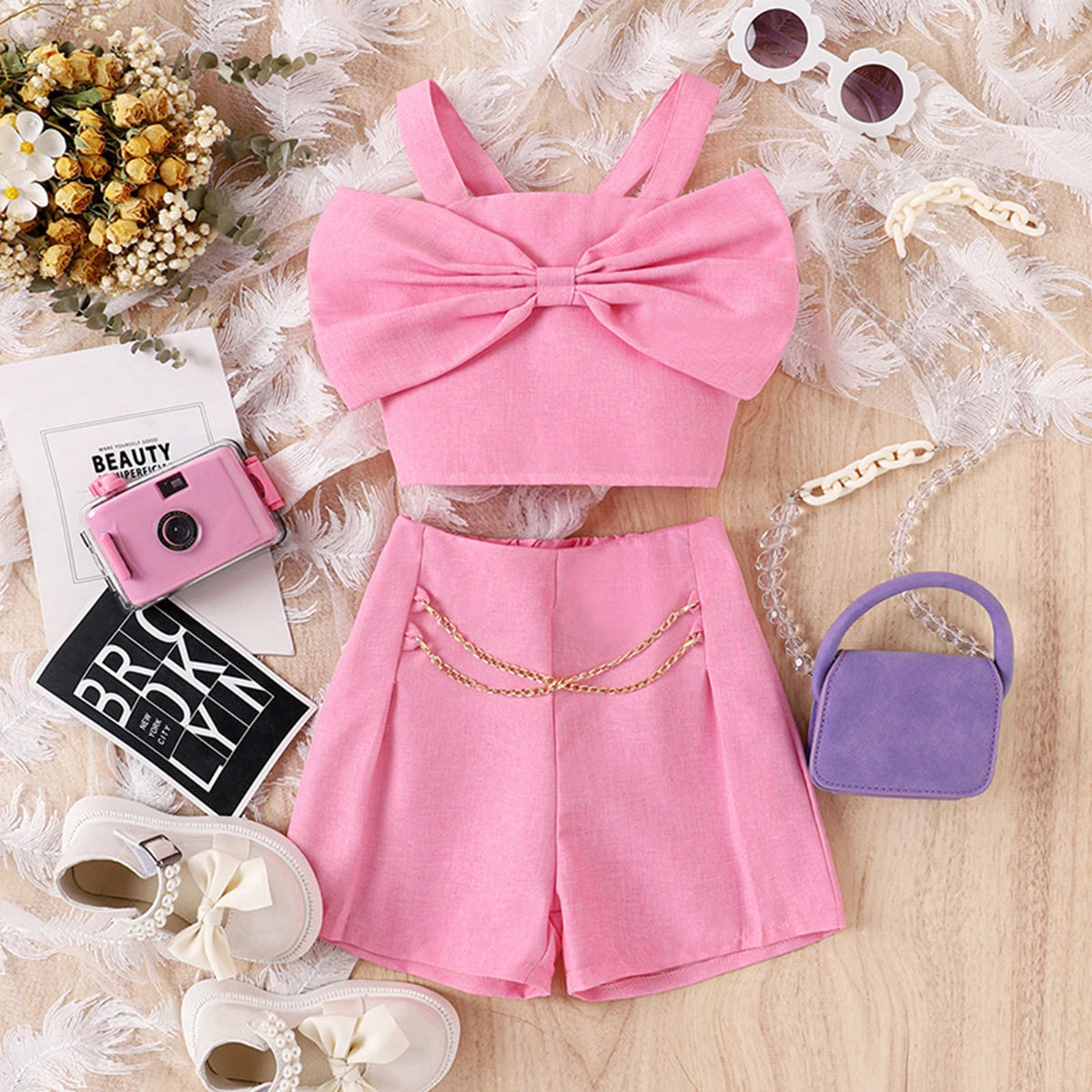 Girls Pink Bow Applique Sleeveless Top With Shorts Sets 2 pc. Sets Pink 3-4 Y