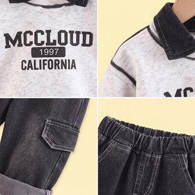 Boys Grey Typographic Polo Sweatshirt & Denim Pants Sets Sets