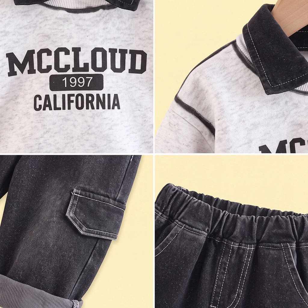 Boys Grey Typographic Polo Sweatshirt & Denim Pants Sets Sets