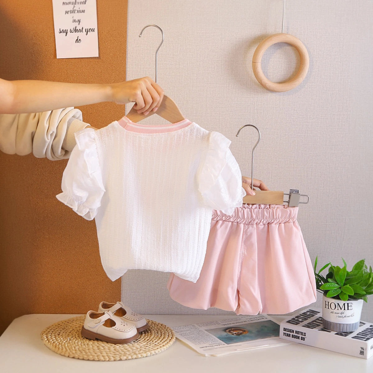 Girls Pink Bunny Embroidered Puff Sleeve Top With Elasticated Shorts Sets Sets