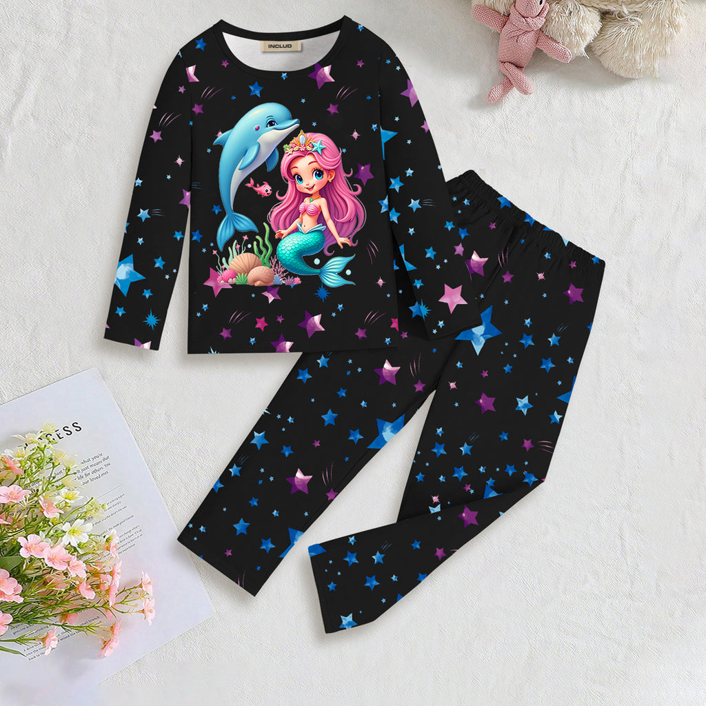 Girls Black Mermaid Printed Glow in the Dark T-Shirt With Pajama Winter Set 2 pc. Sets