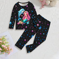 Girls Black Mermaid Printed Glow in the Dark T-Shirt With Pajama Winter Set 2 pc. Sets