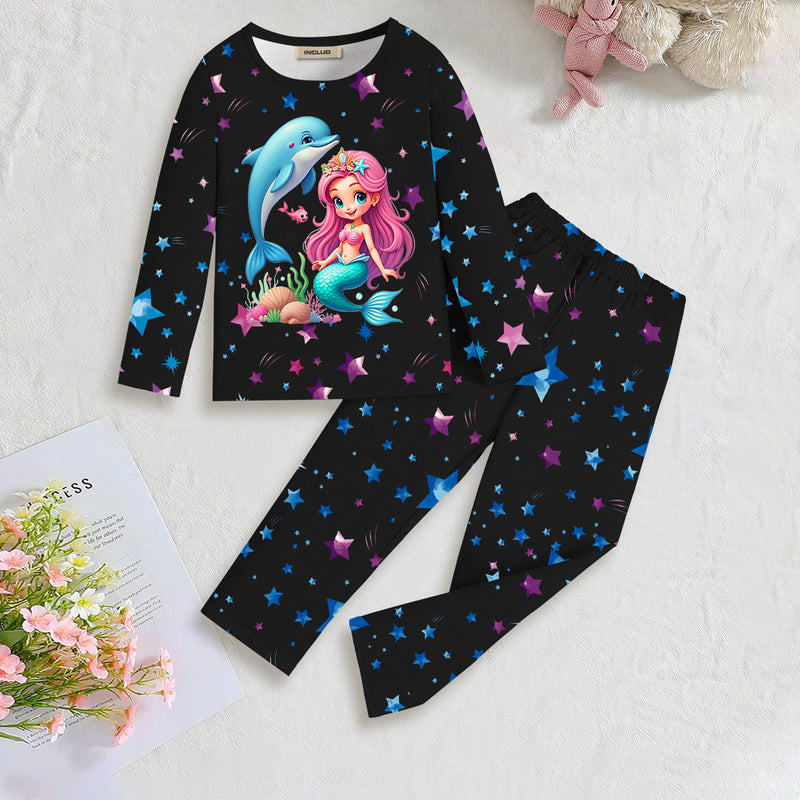 Girls Black Mermaid Printed Glow in the Dark T-Shirt With Pajama Winter Set 2 pc. Sets