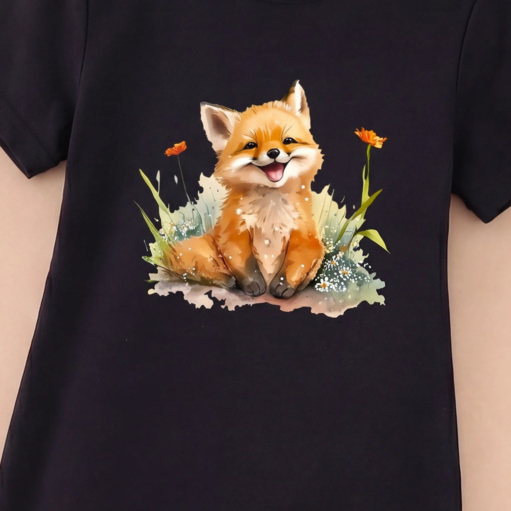 Girls Black Fox Print Short Sleeve T-Shirt Dress Casual Dresses