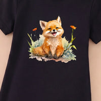 Girls Black Fox Print Short Sleeve T-Shirt Dress Casual Dresses