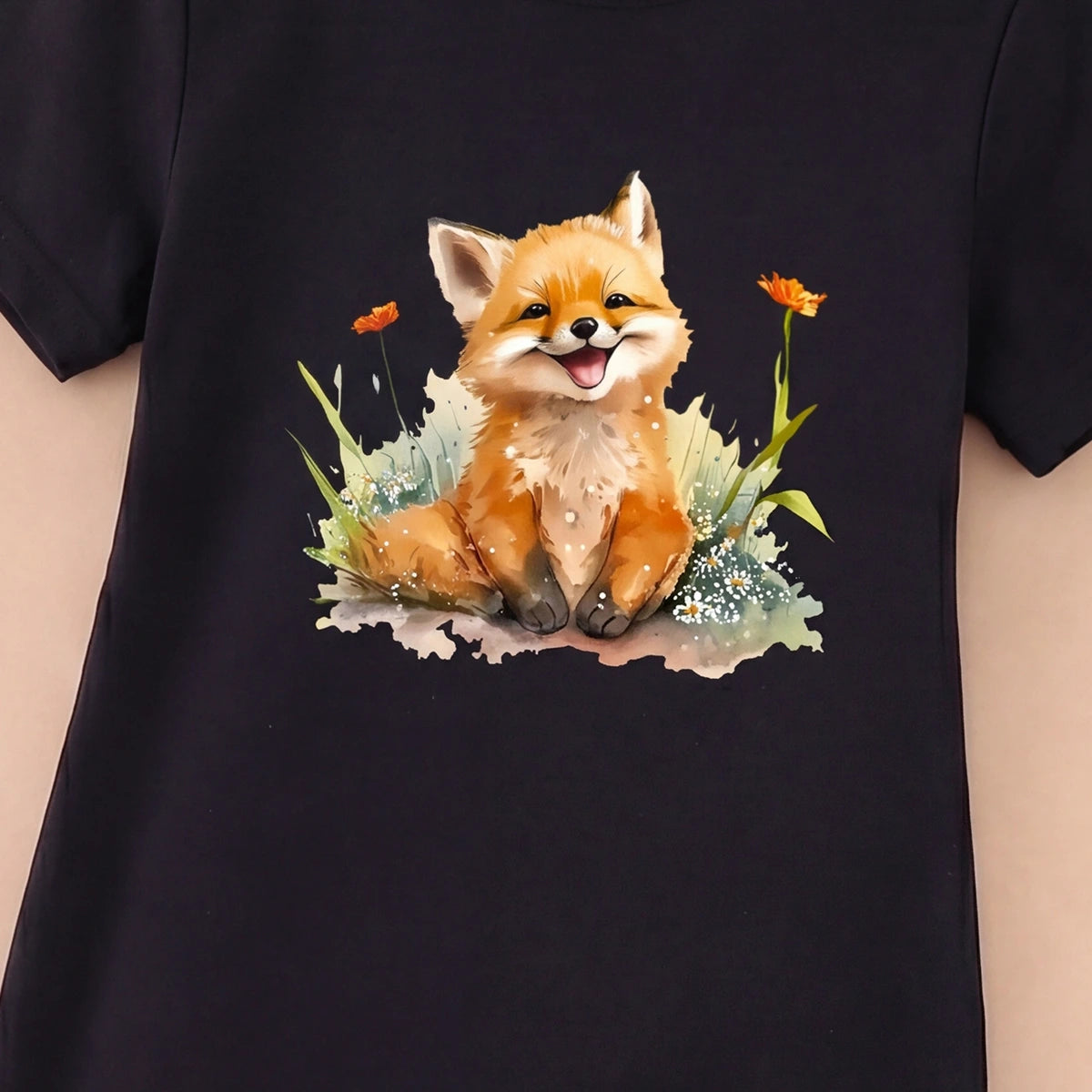 Girls Black Fox Print Short Sleeve T-Shirt Dress Casual Dresses