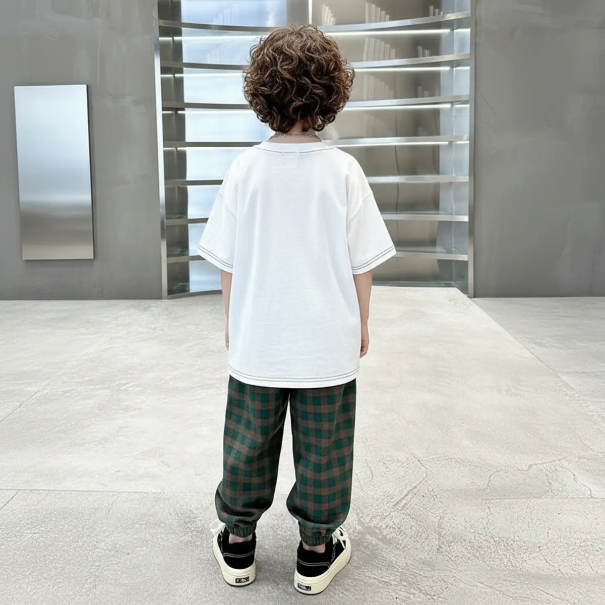 Boys White Oversized T-Shirt With Checked Joggers Sets Sets