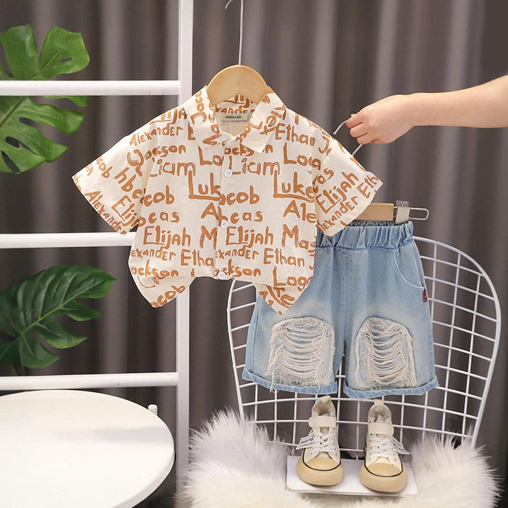 Boys Brown Printed Shirt with Distressed Denim Shorts Set Sets Brown 1-2 Y 