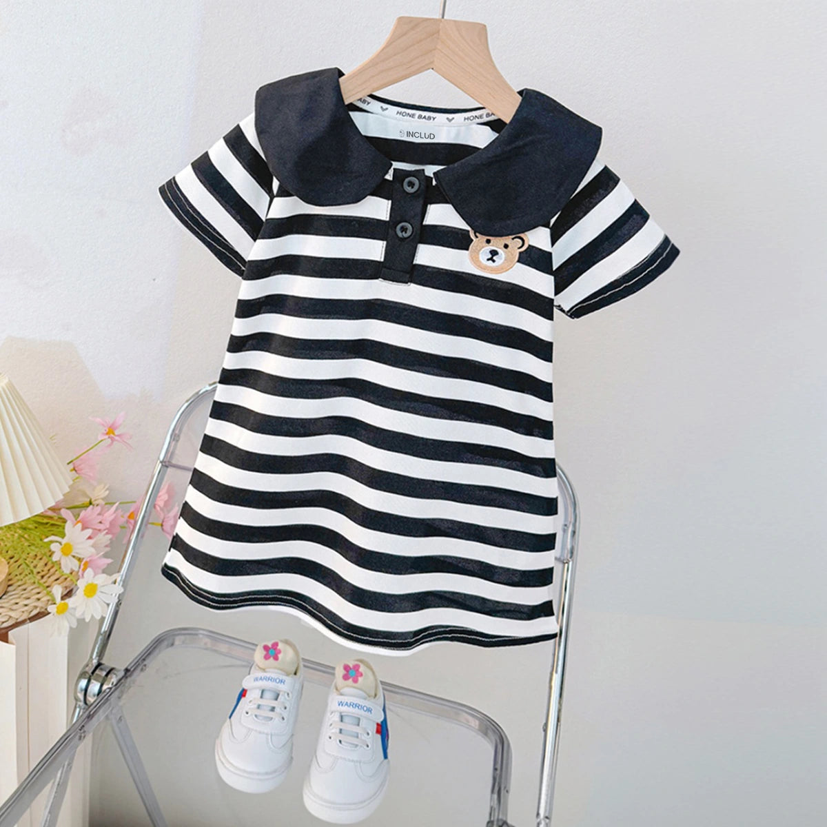 Girls Black & White Striped Cotton Polo Dress with Bear Detail Casual Dresses Black 1-2 Y