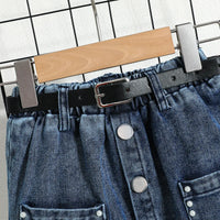 Girls Green Embellished Ribbed Sleeveless Top With Denim Skirt Sets Sets