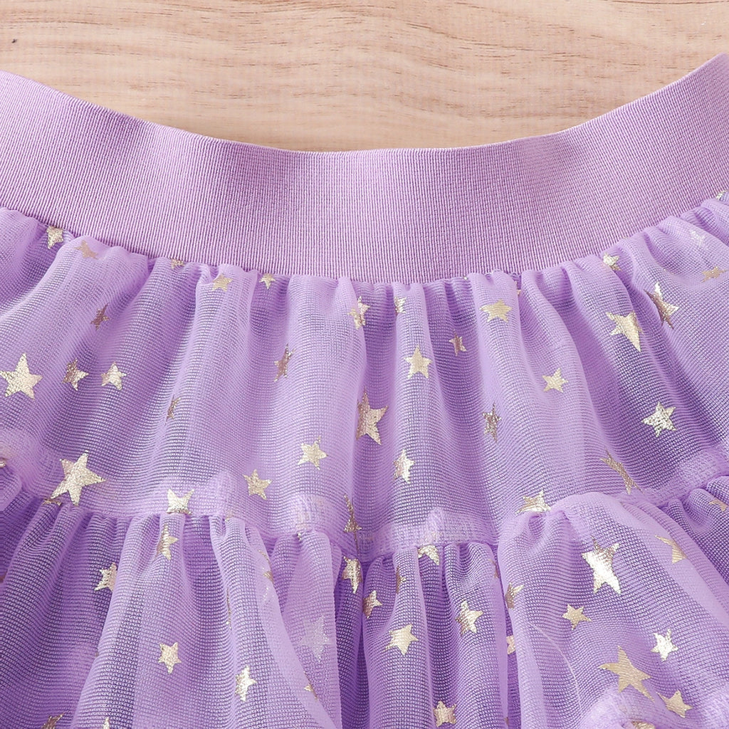 Girls Purple Big Flower Applique Crop Top With Star Printed Tiered Tulle Skirt Sets Sets