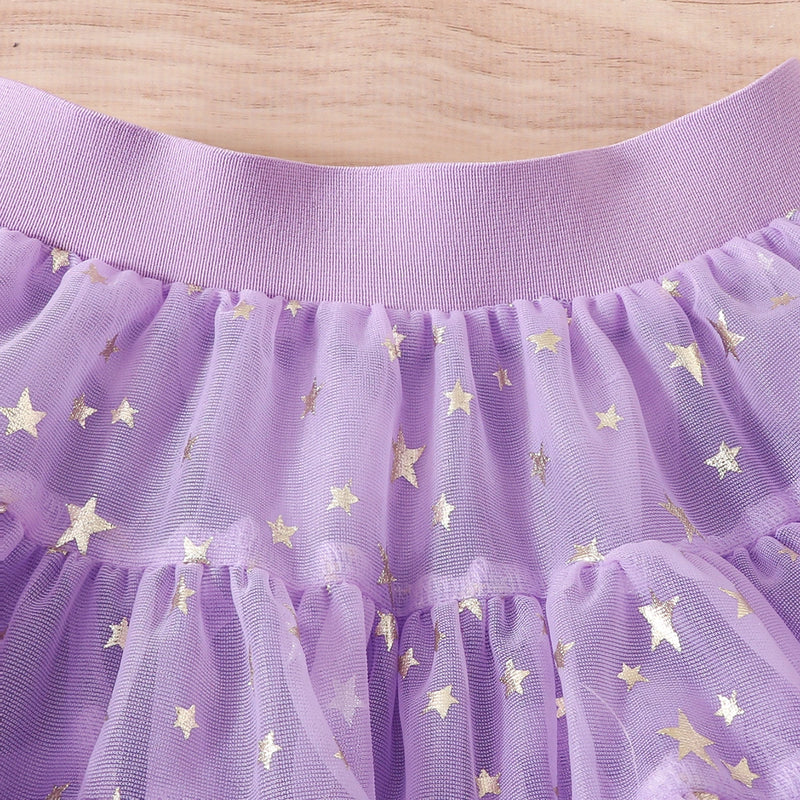 Girls Purple Big Flower Applique Crop Top With Star Printed Tiered Tulle Skirt Sets Sets