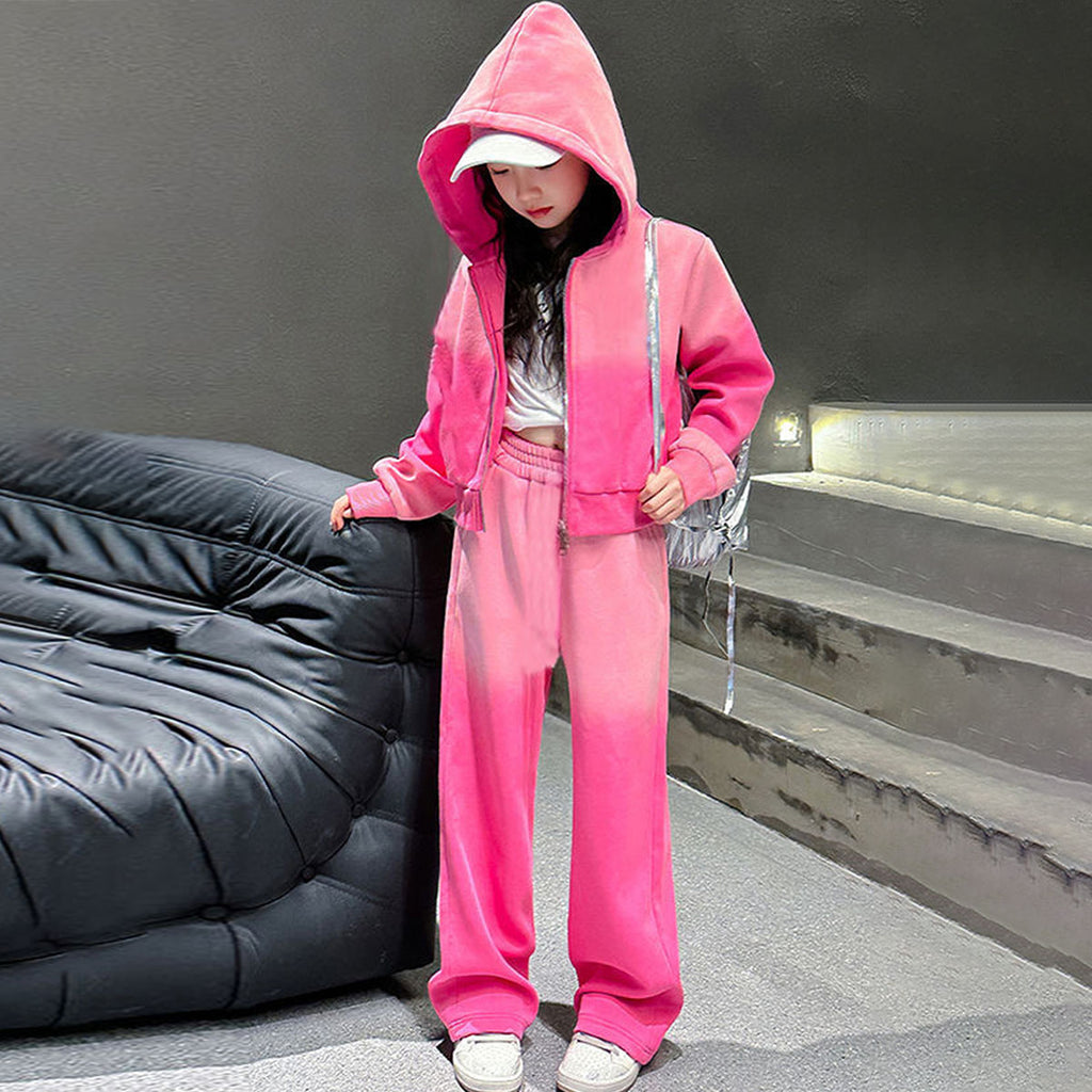 Girls Pink Ombre Printed Front zipper Hooded Jacket With Pants Winter Co-Ord Set 2 pc. Sets
