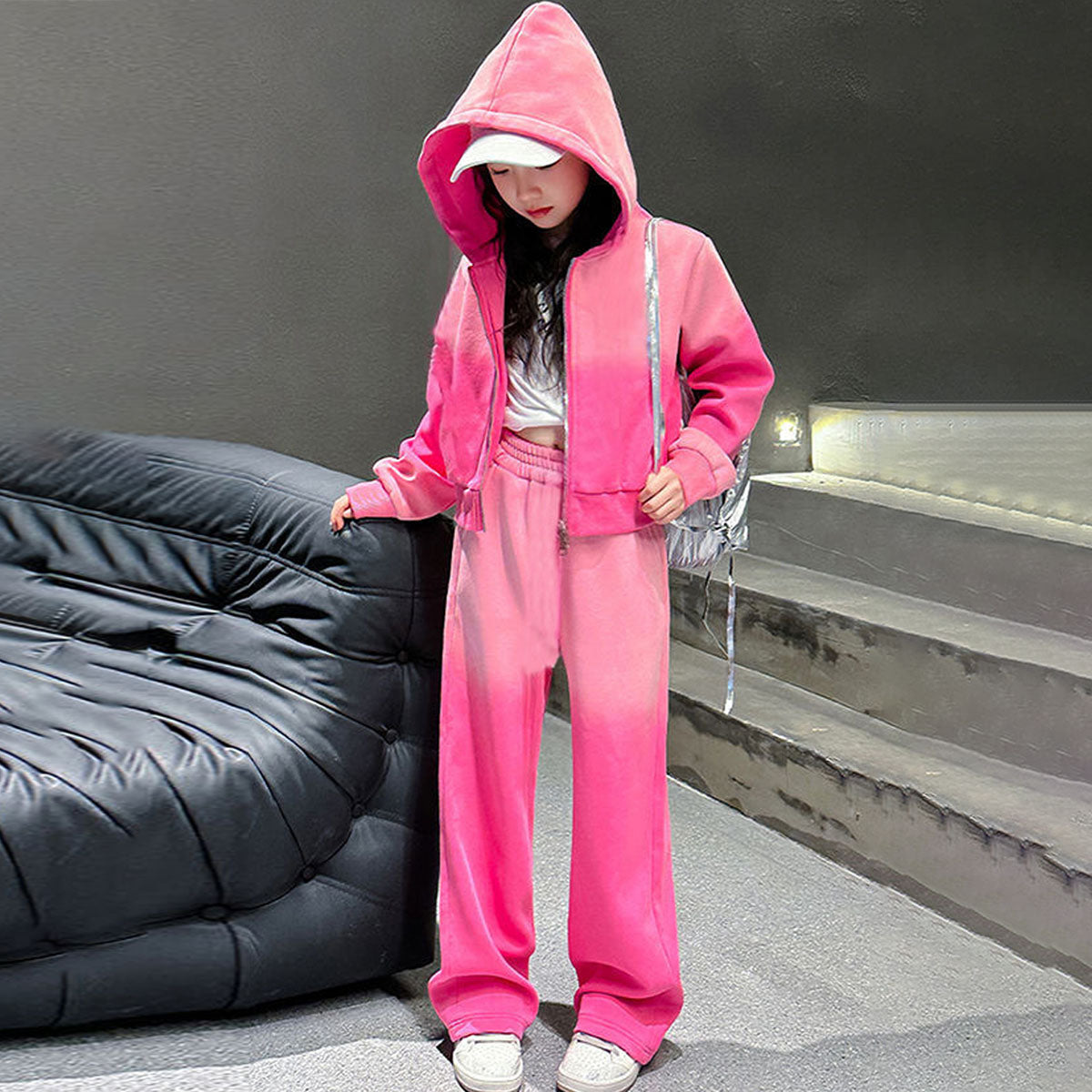 Girls Pink Ombre Printed Front zipper Hooded Jacket With Pants Winter Co-Ord Set 2 pc. Sets