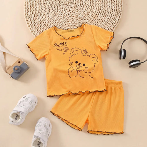 Girls Yellow Bear Graphic Printed Short Sleeve Top With Shorts Sets 2 pc. Sets Yellow 1-2 Y