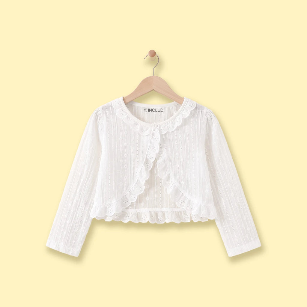 Girls White Schiffli Embroidered Long Sleeve Shrug Tops White 2-3 Y
