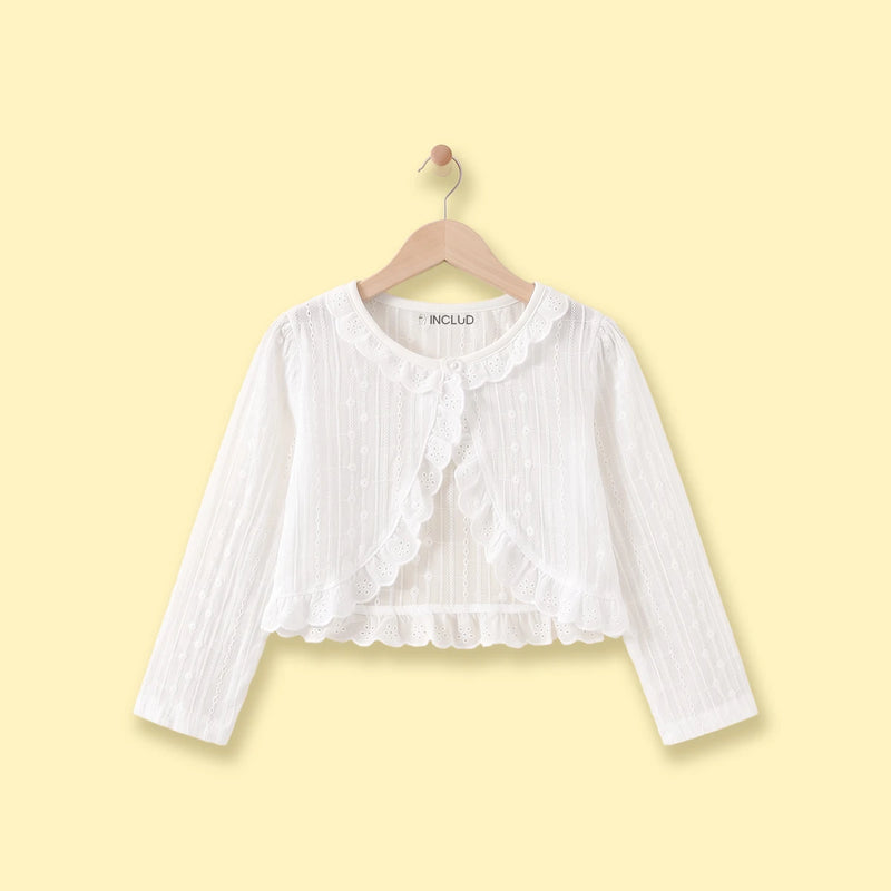 Girls White Schiffli Embroidered Long Sleeve Shrug Tops White 2-3 Y