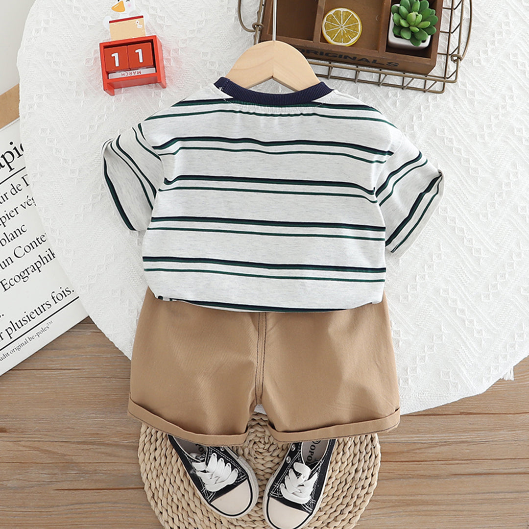 Boys White Striped Short Sleeves Round Neck T-Shirt With Shorts Set 2 pc. Sets