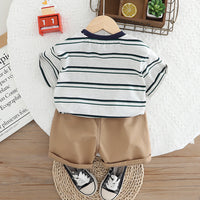 Boys White Striped Short Sleeves Round Neck T-Shirt With Shorts Set 2 pc. Sets