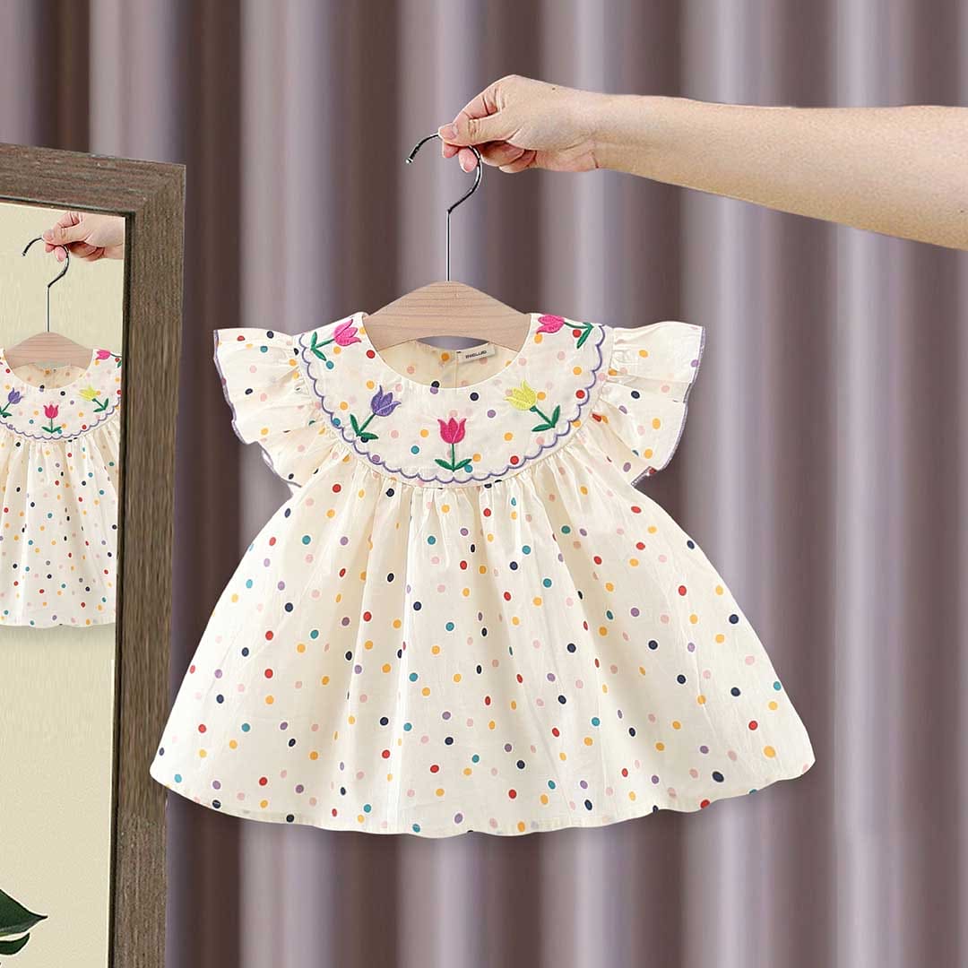 Girls Polka Dot Print Embroidered Casual Dress Casual Dresses Off White 1-2 Y 