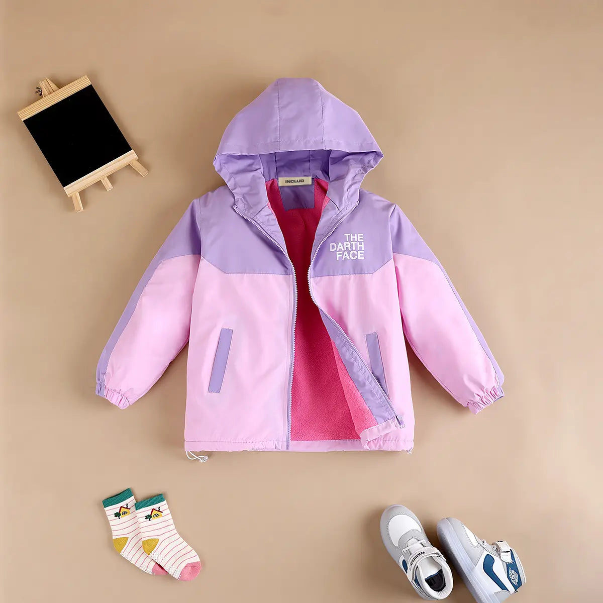 Girls Purple Typographic Printed Hooded Zipper Jacket Coats & Jackets