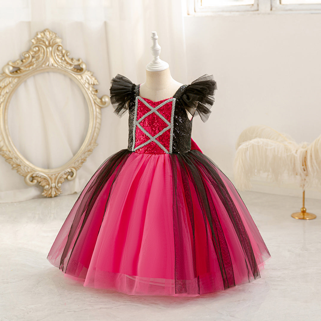 Girls Fuchsia-Black Sequins & Tulle Flutter Sleeves Party Dress Party Dresses