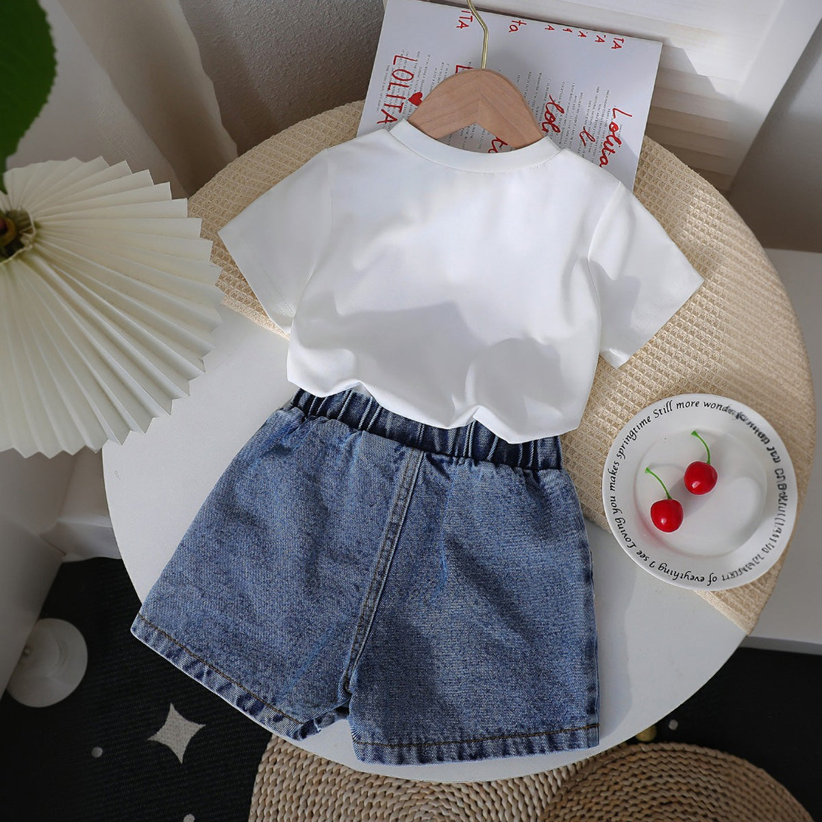 Girls White Short Sleeve Bow Print T-Shirt With Denim Shorts Set 2 pc. Sets
