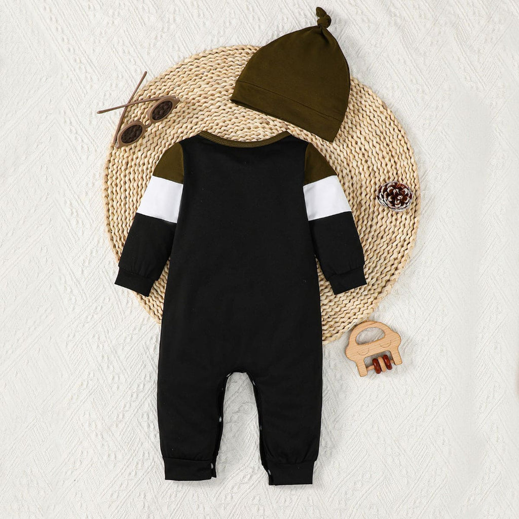 Boys Black Full Sleeves Romper with Knothat Jumpsuits Black 3-6 M 