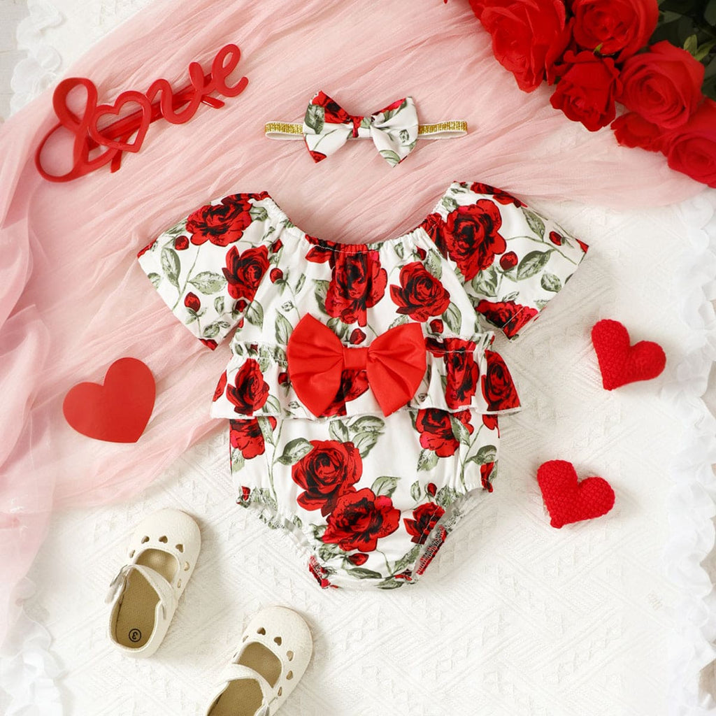 Girls Red Rose Printed Romper Jumpsuits Red 3-6 M 